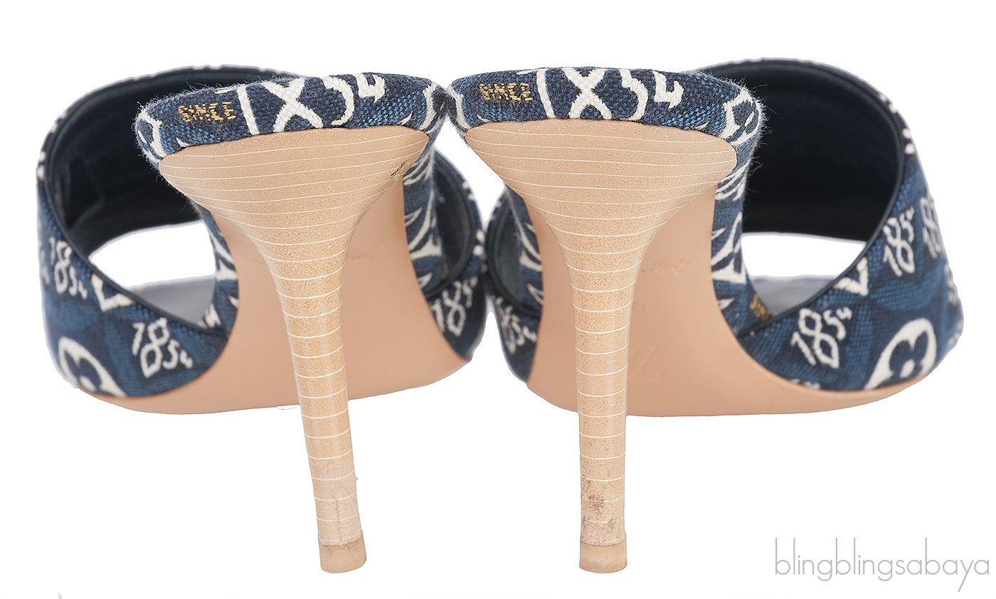 Blue Monogram Embroidered Mules