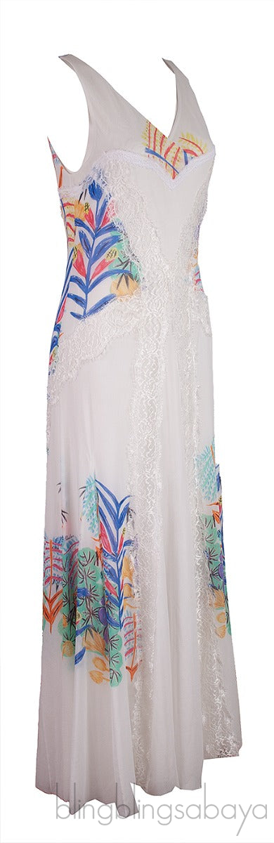 White Printed Sleeveless Lace Trim Dress
