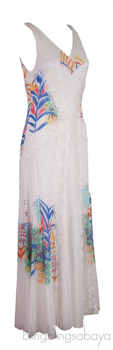 White Printed Sleeveless Lace Trim Dress