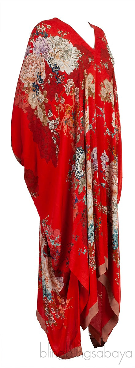 Red Floral Print Silk Kaftan Dress