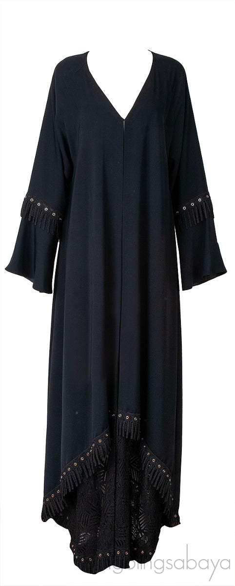 Black Layered Eyelet Ring Fringed Trim Abaya