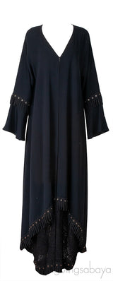 Black Layered Eyelet Ring Fringed Trim Abaya