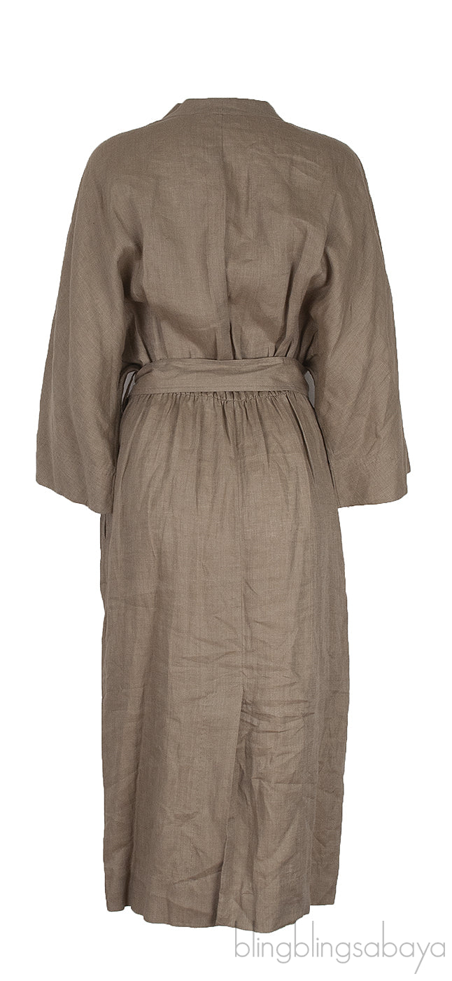 Moss Green V-neck Belted Linen Midi Dress