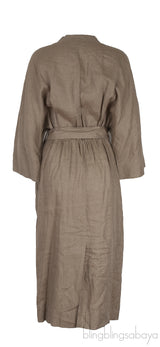 Moss Green V-neck Belted Linen Midi Dress