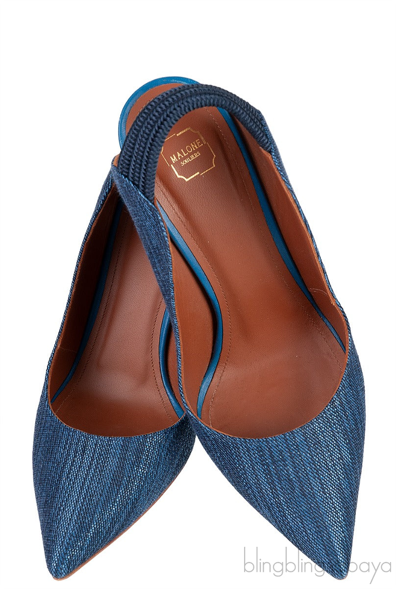 Malone Souliers Denim Pointed Toe Slingback Heels