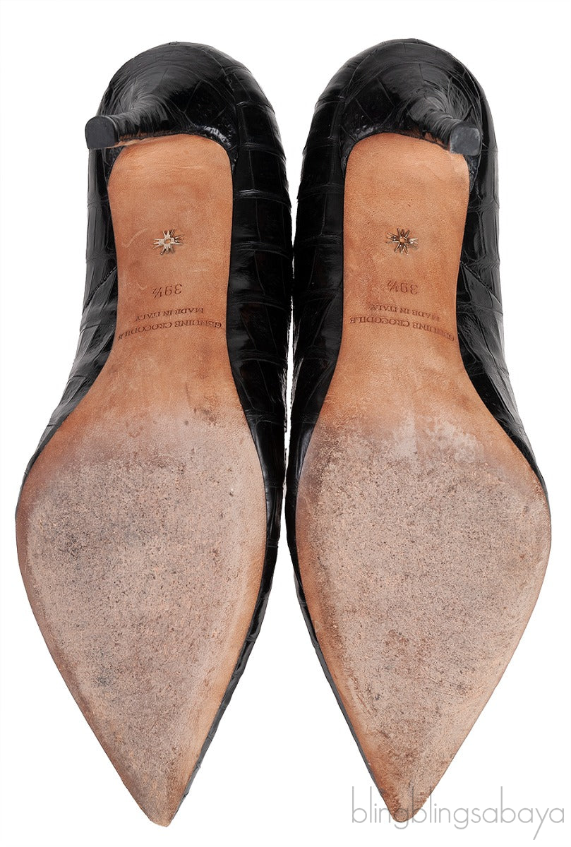 Black Croc Embossed Pointed Toe Heels