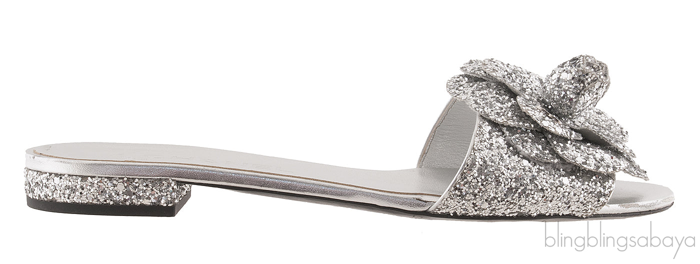 Camellia Floral Glitter Flat Mule