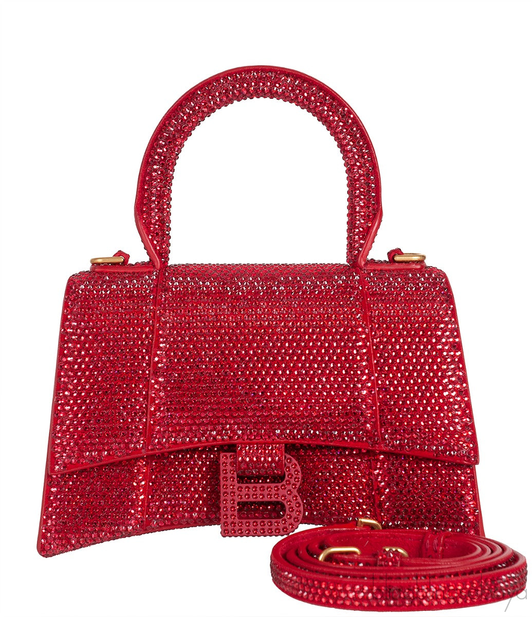 Hourglass XS Red Rhinestone Suede Calfskin