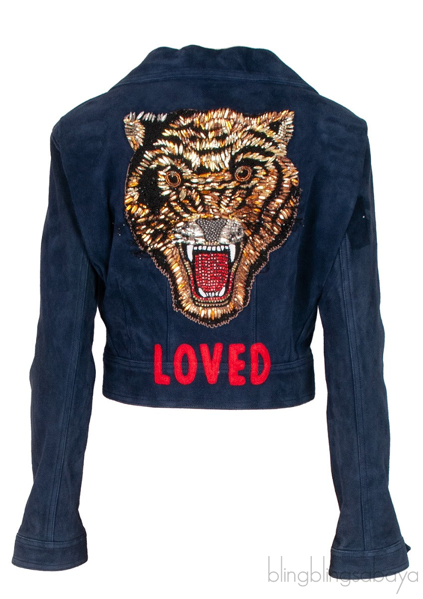 Blue Suede Tiger Loved Crop Leather Jacket