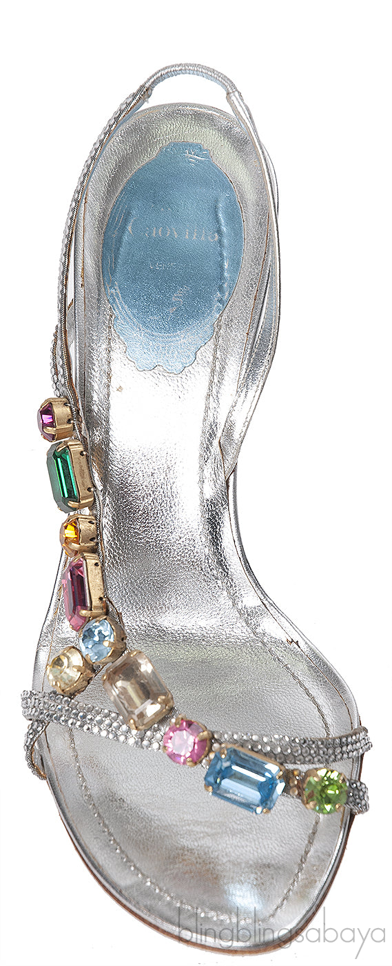 Rene Caovilla Metallic Silver Crystal Embellished Sandals