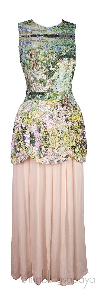Green Printed & Beige Maxi Dress