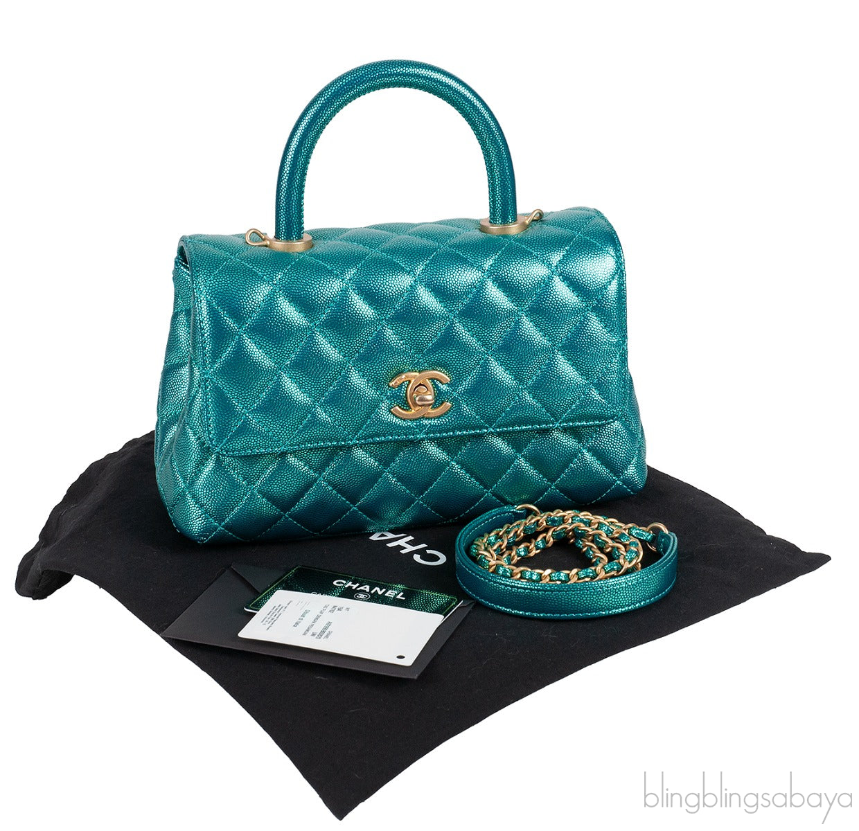 Metallic Green Quilted Caviar Leather Small Coco Top Handle Bag