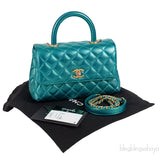 Metallic Green Quilted Caviar Leather Small Coco Top Handle Bag
