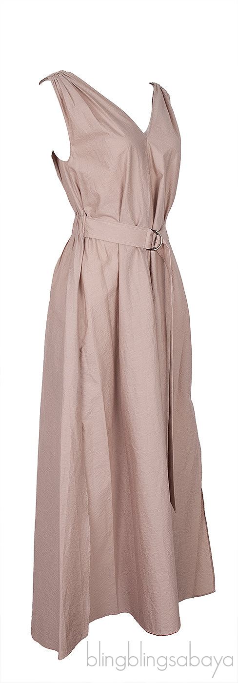 Nude Poplin Monili Shoulder Belted Midi Dress