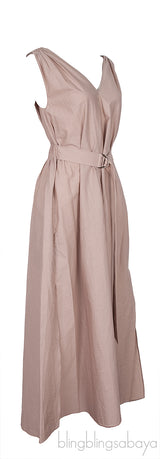 Nude Poplin Monili Shoulder Belted Midi Dress