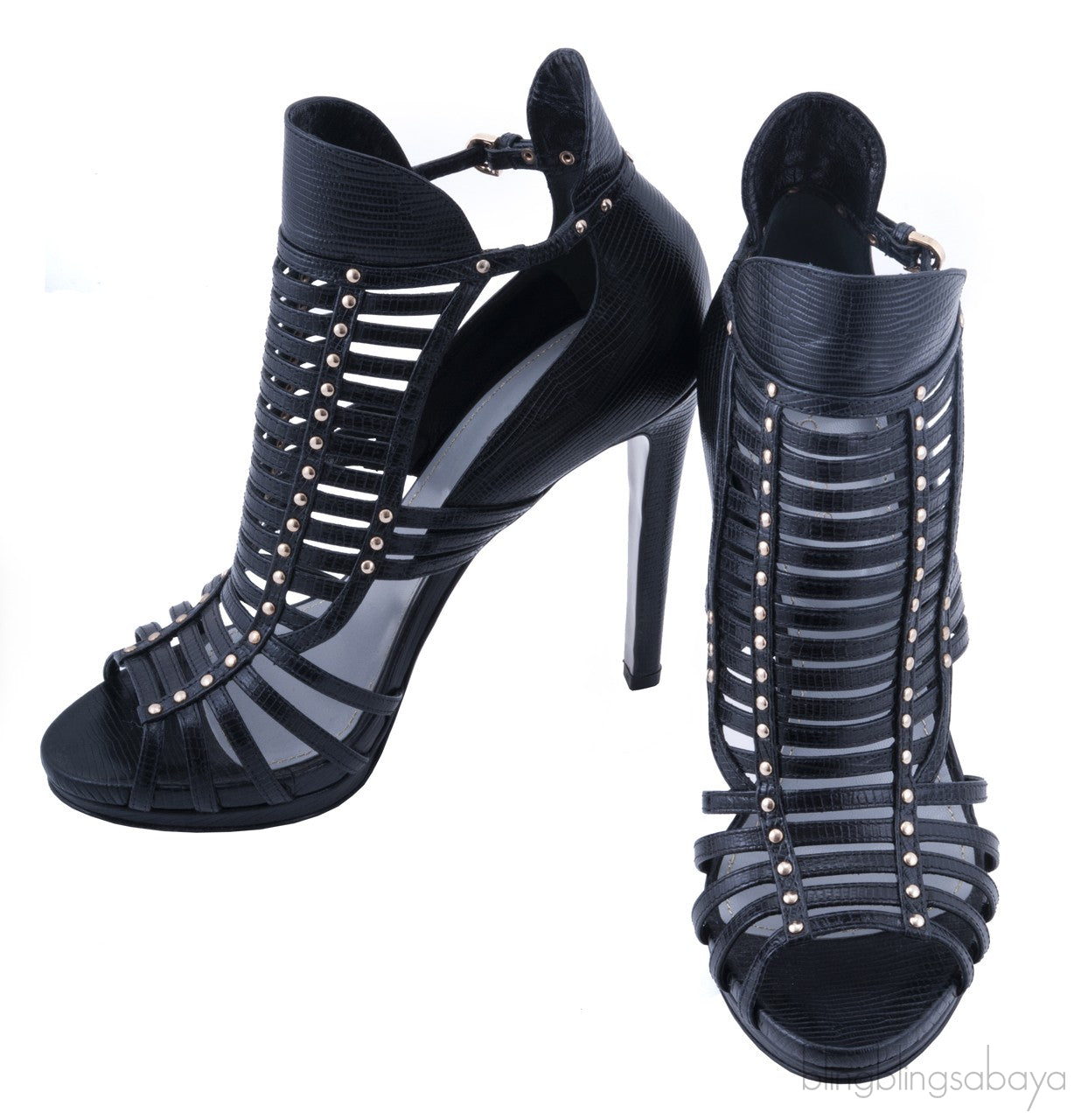 Studded Lizard-effect Leather Sandals