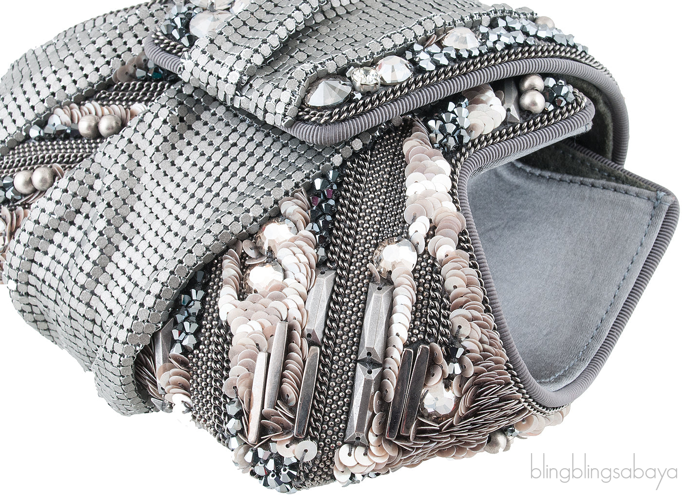 Grey Satin Metal Mesh Clutch