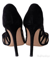 Black Mesh Paneled Suede Heels