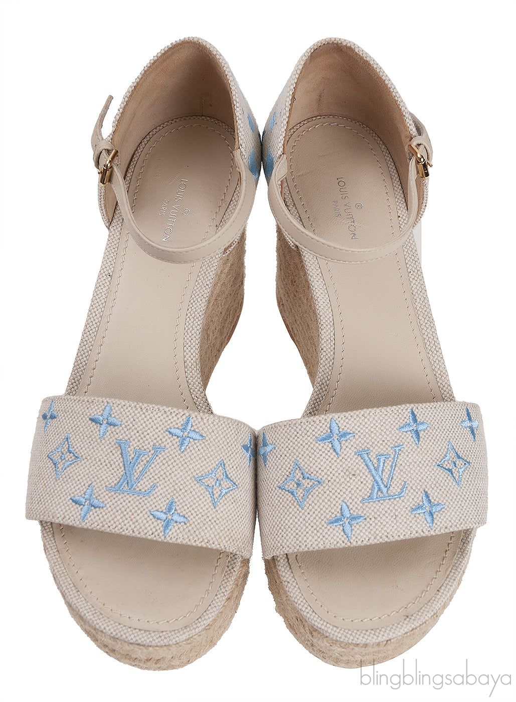 Light Blue/Beige Canvas Monogram Starboard Espadrille Wedge Sandals