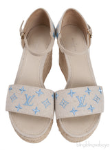 Light Blue/Beige Canvas Monogram Starboard Espadrille Wedge Sandals