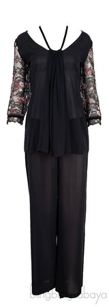 Black  Lace Floral Embroidered Sleeve Pajama Set