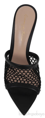 Black Leather Trimmed Fishnet Mules