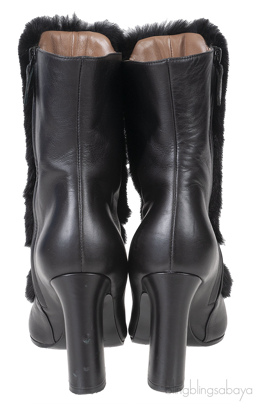 Hermes Black Leather and Fur Ankle Boots