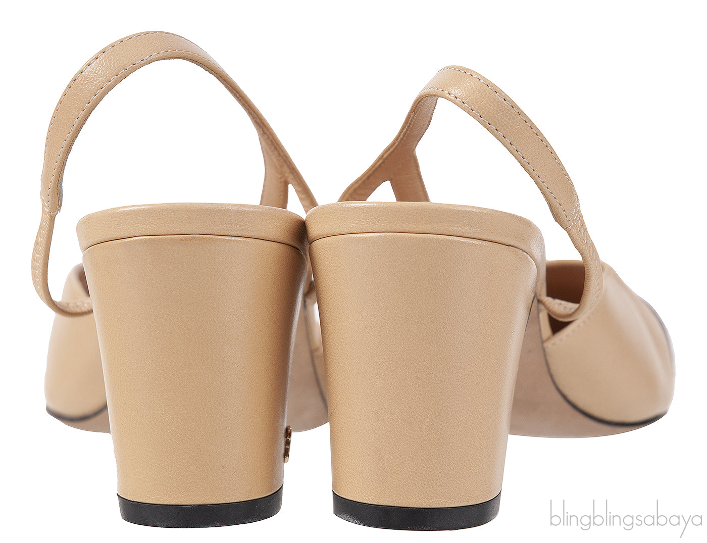 Beige Leather Cap Toe Slingback Shoes