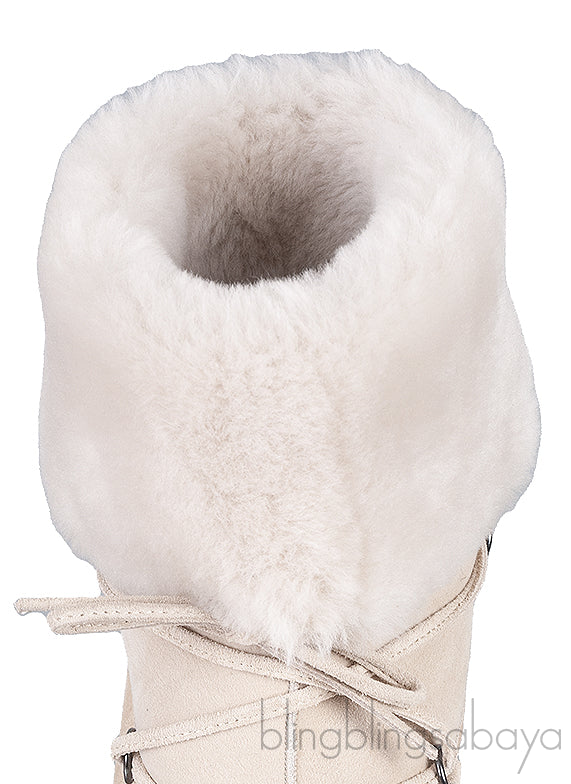 Beige Suede Fur Trim Flat Boots