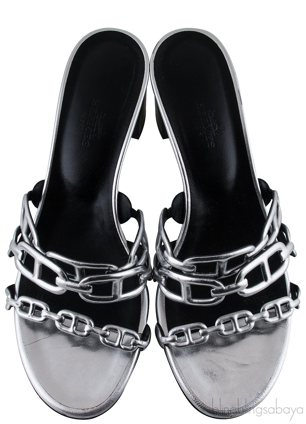 Chain Silver Leather Block Heels