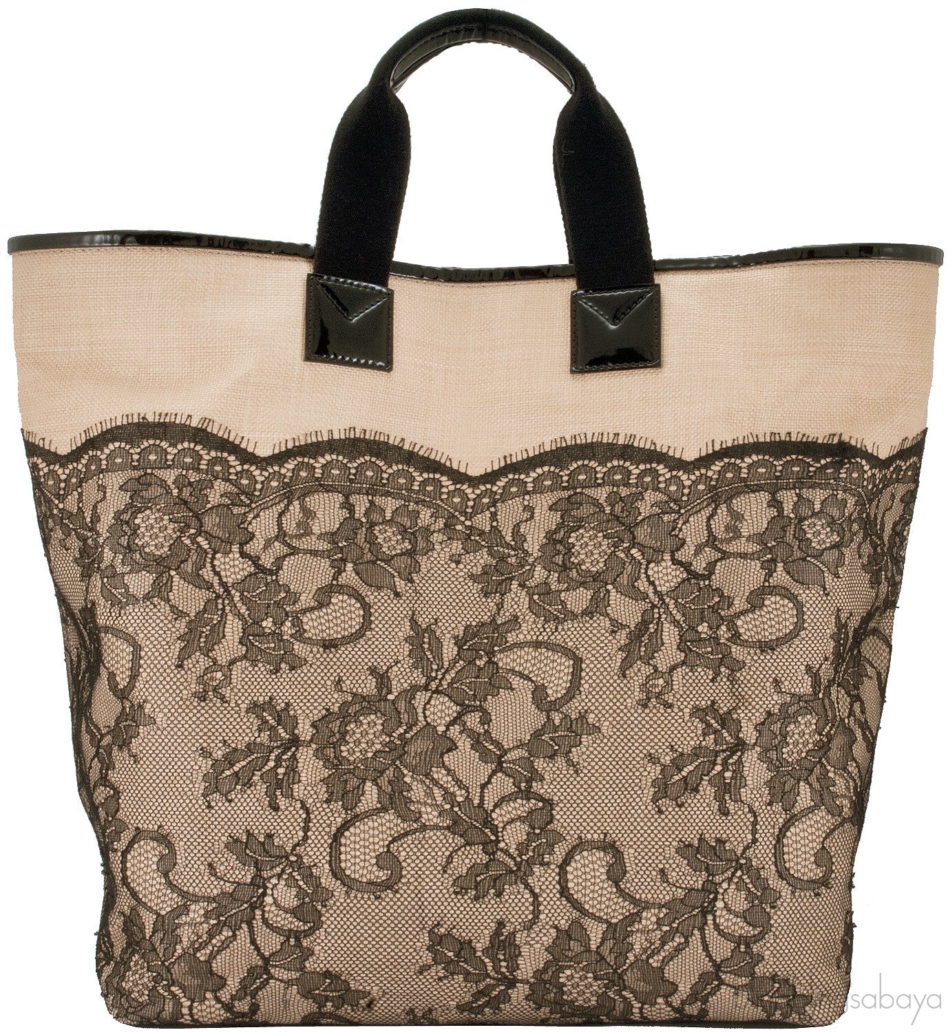 Beige Lace-appliquéd Raffia Tote