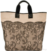 Beige Lace-appliquéd Raffia Tote
