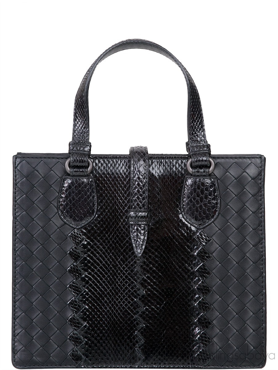 Bottega Veneta Black Intrecciato Leather & Python Handbag