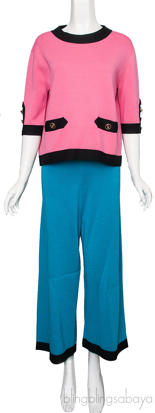 Pink Top & Blue Wide Leg Trouser