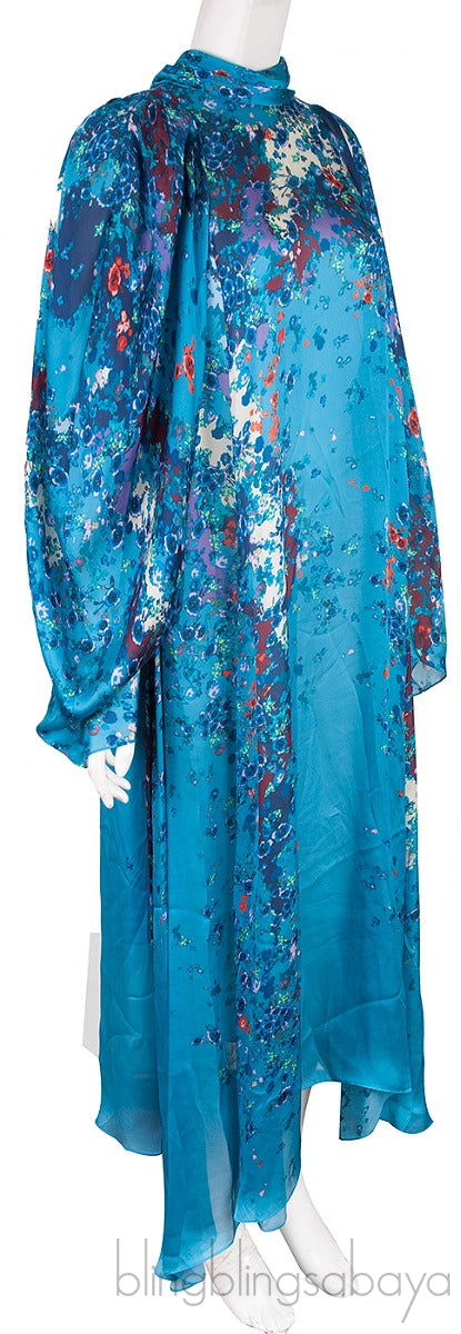 Ocean-Floral Charmeuse Midi-Dress