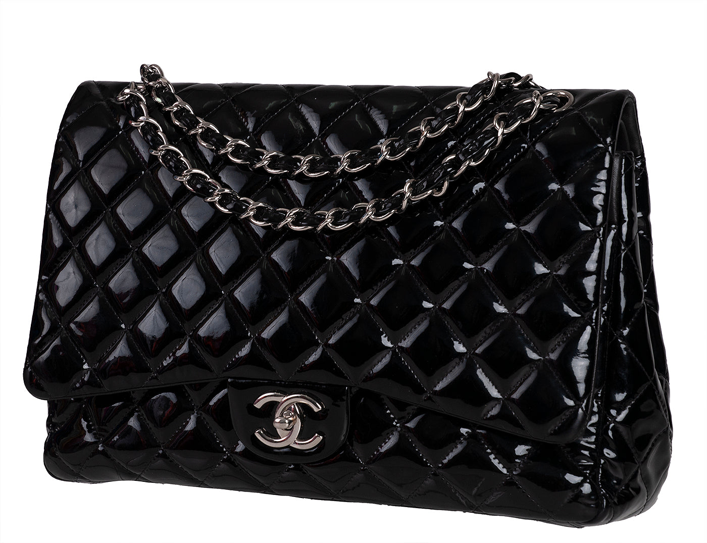 Chanel Black Patent Maxi Double Flap Quilted Bag