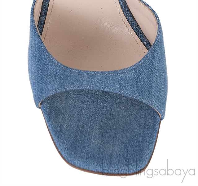 Andrea Wazen Blue Denim Rouches 105 Ruffled Mule Sandals