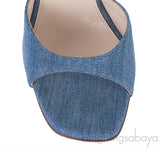 Andrea Wazen Blue Denim Rouches 105 Ruffled Mule Sandals