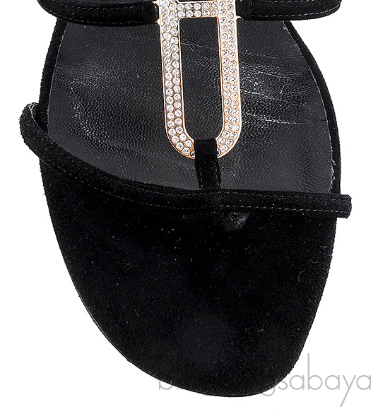 Black Suede Strass Flat Sandals