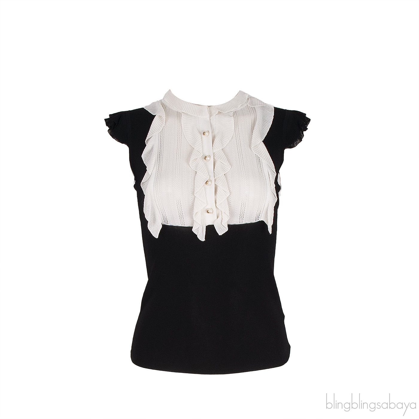 Black and White Ruffle Trim Blouse