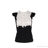 Black and White Ruffle Trim Blouse