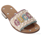 Guccy Pearl and Crystal Embellished Slide Sandals