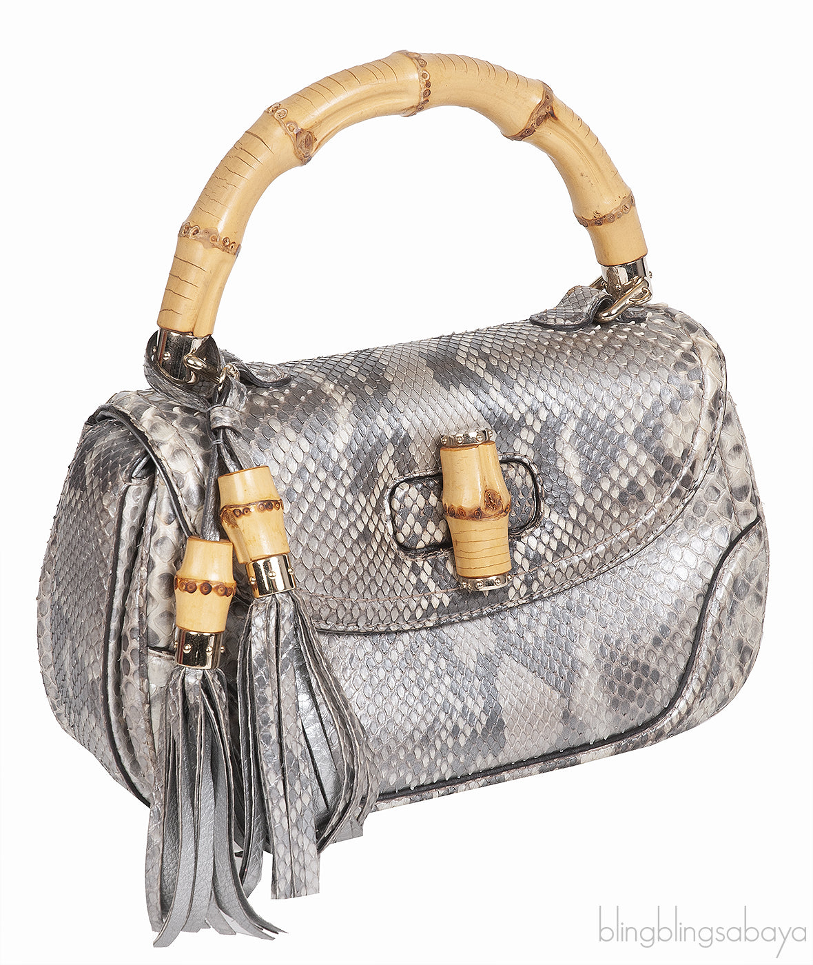 Gucci Silver Python Bamboo Handle Bag