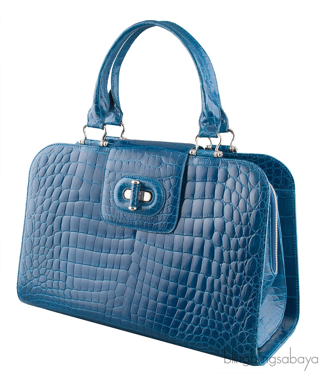 Blue Crocodile Large Top Handle Bag