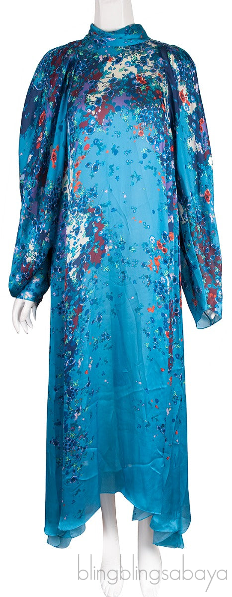 Ocean-Floral Charmeuse Midi-Dress