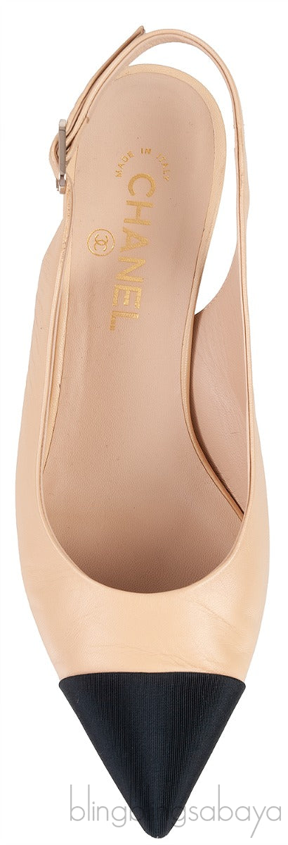 Beige Leather/Black Canvas Slingback Shoes