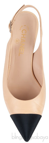 Beige Leather/Black Canvas Slingback Shoes