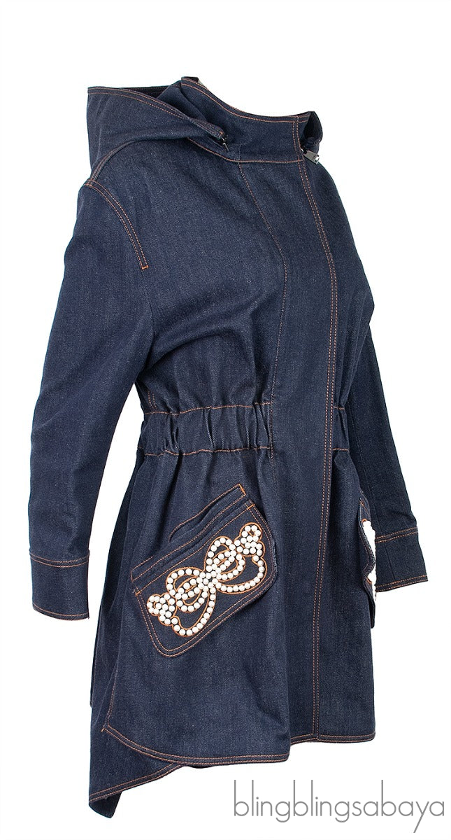 Faux Pearl Embellished Denim Coat