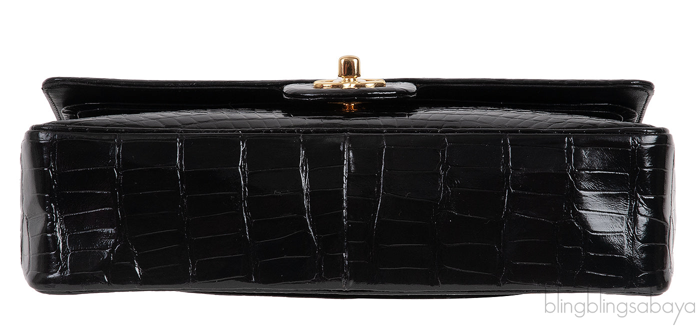 Vintage Black Patent Crocodile Medium Double Flap Bag GHW