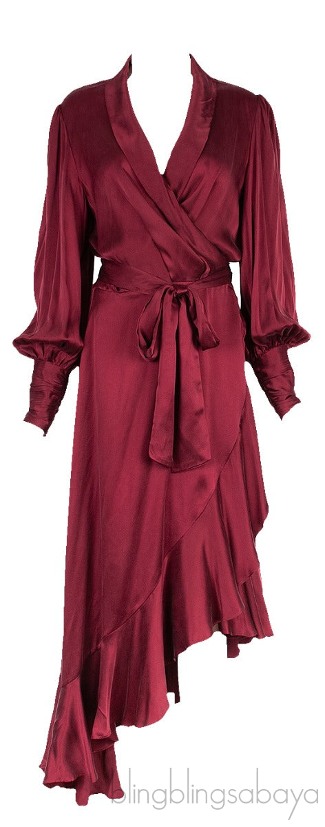 Maroon Wrap Ruffle Trim Dress